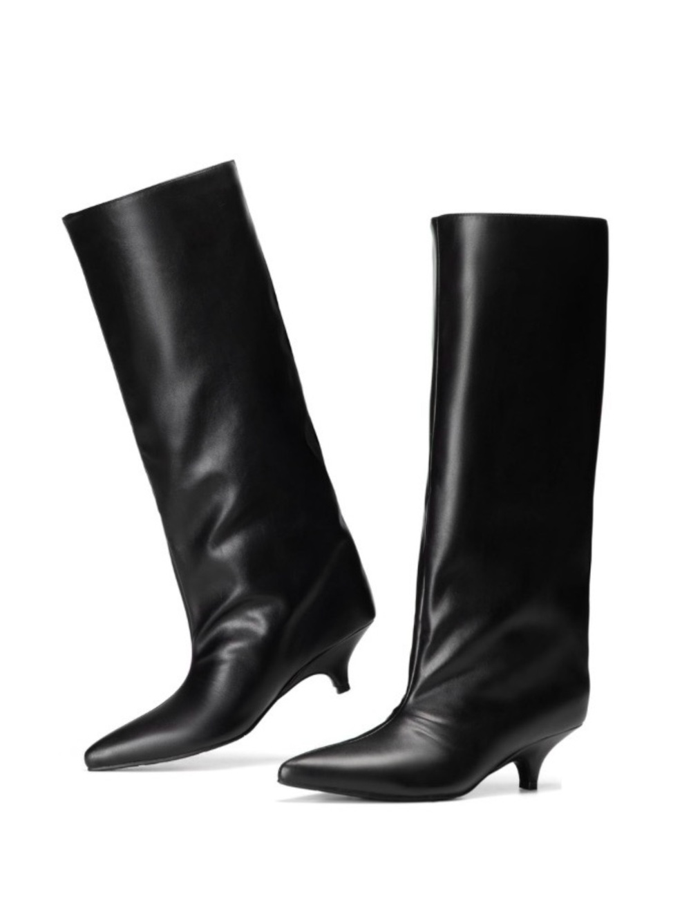 Vivianly Black Knee-High Pointed-Toe Kitten Heel Boots